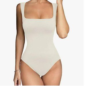 Meyeeka Women's Sexy Seamless Bodysuit Square Neck Sleeveless Tapered Shoulder S